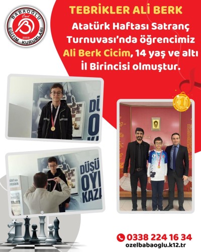 Atatürk Haftası Satranç Turnuvası İl Birincisi Öğrencimiz Ali Berk CİCİM!