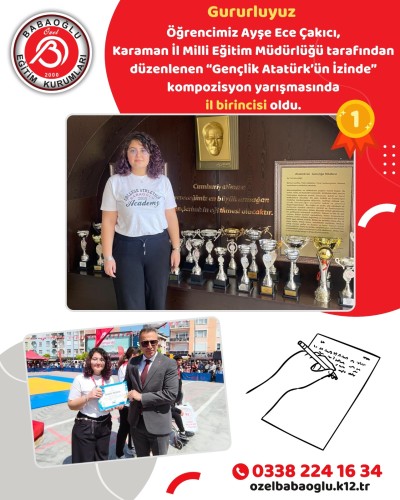 “Gençlik Atatürk’ün İzinde” konulu kompozisyon yarışmasında il birincisi olan öğrencimiz Ayşe Ece Çakıcı’yı  tebrik ediyoruz!