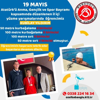 19 MAYIS ATATÜRK’Ü ANMA GENÇLİK VE SPOR BAYRAMI YÜZME YARIŞMASINDA 3 ALTIN 1 GÜMÜŞ MADALYA İLE ZİRVEDEYİZ