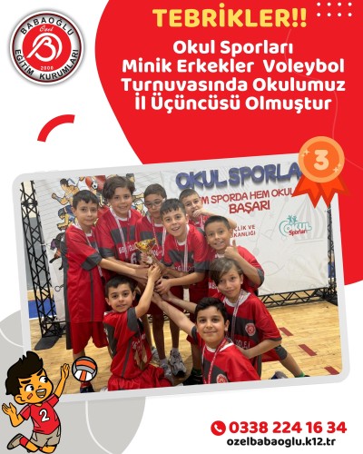 Okul Sporları Minik Erkekler Voleybol Turnuvası’nda il üçüncüsü olan öğrencilerimizi yürekten tebrik ediyor, emeği geçen tüm öğretmenlerimize ve destek veren velilerimize teşekkür ediyoruz. Okul Sporları Minik Erkekler Voleybol Turnuvası’nda il üçüncüsü olan öğrencilerimizi yürekten tebrik ediyor, emeği geçen tüm öğretmenlerimize ve destek veren velilerimize teşekkür ediyoruz.