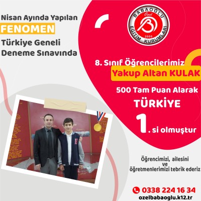 FENOMEN TÜRKİYE GENELİ DENEME SINAVI TÜRKİYE 1. Sİ YAKUP ALTAN KULAK