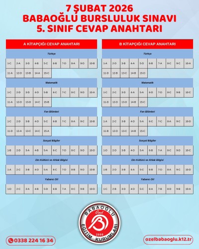 7 ŞUBAT 2026 BABAOĞLU BURSLULUK SINAVI 5,6,7,8,9,10 ve 11. SINIFLARIN CEVAP ANAHTARLARI!