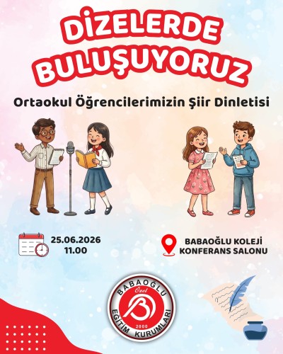 Ortaokul öğrencilerimizin hazırladığı Şiir Dinletisi ile şiirin ve sanatın buluştuğu keyifli bir etkinlik sizleri bekliyor.!