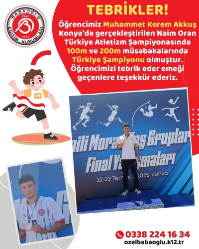 Öğrencimiz Muhammet Kerem Akkuş Türkiye Şampiyonu! Öğrencimiz Muhammet Kerem Akkuş Türkiye Şampiyonu!