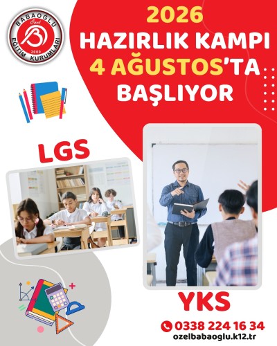 Babaoğlu Koleji olarak, 2025–2026 eğitim öğretim yılı LGS ve YKS hazırlık kampımıza 4 Ağustos’ta başlıyoruz. Babaoğlu Koleji olarak, 2025–2026 eğitim öğretim yılı LGS ve YKS hazırlık kampımıza 4 Ağustos’ta başlıyoruz.